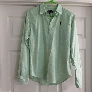 Ralph Lauren women’s button down shirt. Green stripes. Size 10